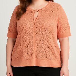 NWT Old Navy Knit Top Womens 3X Peach Pointelle Tie Neck Keyhole Short Sleeve